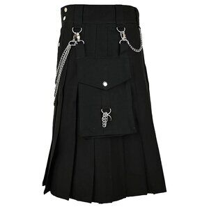 Cargo Utilty Kilt Black with Silver Chains Traditional Scottish Highlander Kilt